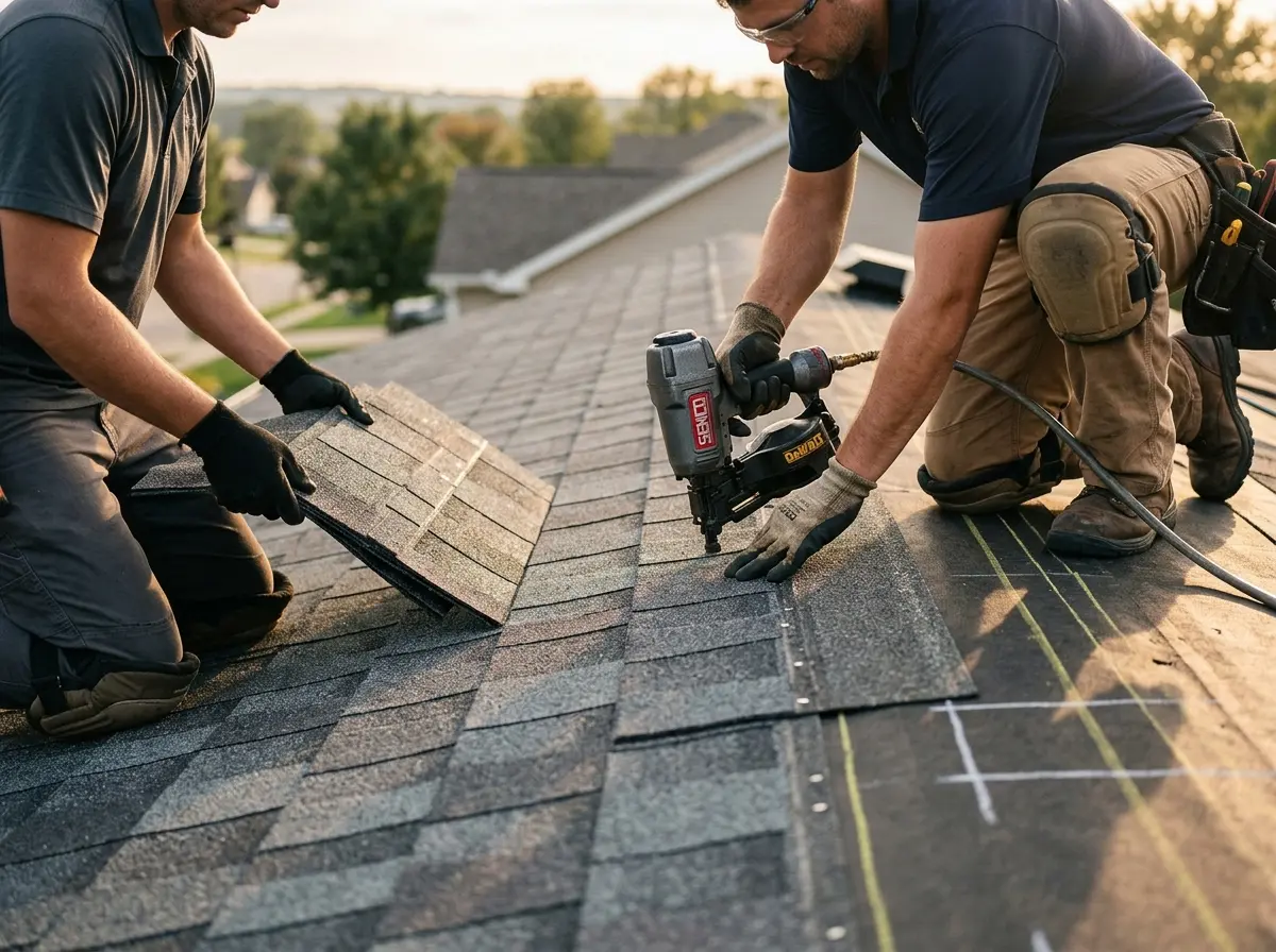 Professional roofer working on a residential roof in West Athens